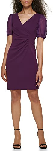 DKNY damer scuba-crepe-chiffong, blandade medier, volangklänning på sidan, vin, 36, vin, 38
