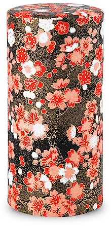 Japanese Tea Canister Tin (Yuzen Washi Paper - Plum/Black), 7.06oz Size/Made in JAPAN with Includes Inner Lid of Airtight Damp-Proof/Kitchen Jar for Loose Leaf Coffee Tea Spice and More