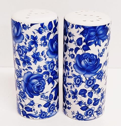 Delft - Juego de salero y pimentero redondo de porcelana con flores azules decoradas a mano