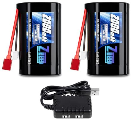 Zeee 2000mAh 7,4V Li-Ion Akku mit T Stecker wiederaufladbarer RC Akku Kompatibel mit RC-Autos im Maßstab 1:10, 1:12, 1:16, 4WD Hochgeschwindigkeits-RC-Car, RC-Boot, RC-Trucks (2pcs)