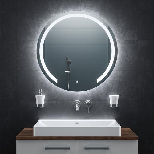 BR Bringer® LED Badspiegel Rund 80 cm Modell BRRS202 dimmbar Anti-Beschlag | Dimmbarer Badezimmerspiegel mit Beleuchtung - 3 Lichtfarben, Touch-Schalter, Anti-Beschlag und praktische Speicherfunktion