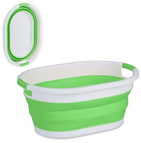 Relaxdays Wäschekorb faltbar, 36 l, Wäschewanne aus Kunststoff, platzsparend zusammenklappbar, mit Griffen, grün/weiß