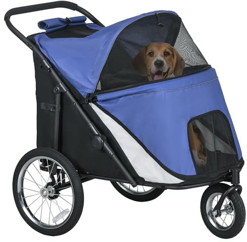 PawHut passeggino per cani con finestre a rete, passeggino pieghevole per gatti con guinzaglio di sicurezza, grandi ruote in gomma per cani di taglia media e grande fino a 30 kg, Oxford, blu