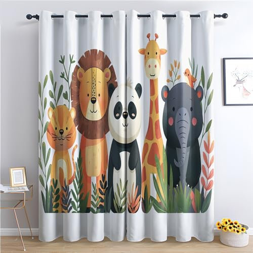 Generisch Vorhänge Safari - Kinder Süße Cartoon Tiere Fenster Gardinen mit Ösen, Vorhang Blickdicht Verdunklungsvorhänge Thermovorhang für Wohnzimmer Schlafzimmer Deko 2er Set, H 137 x B 117 cm X-&68