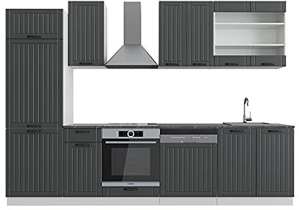 Vicco Küchenzeile Fame-Line, Anthrazit Landhaus/Weiß, 300 cm, AP Anthrazit