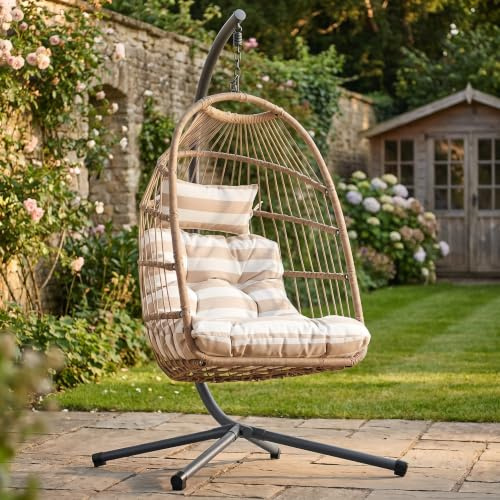 Blisswood Hanging Egg Chair with Cushion & Stand – Foldable Rattan Swing Chair for Indoor & Outdoor Use, Garden Patio Hammock Pod Seat, Adjustable Height, Supports Up to 160kg (Beige)