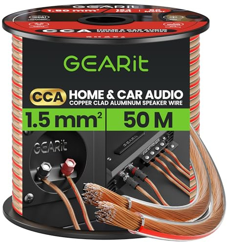 GEARit 2x1.5mm² Speaker Cable 50m, 16 Gauge Speaker Wire with Polarity Markings, Copper Clad Aluminum CCA Audio Cable for In-Wall Home Cinema, Car Audio Stereo, HiFi Surround Sound(Clear)