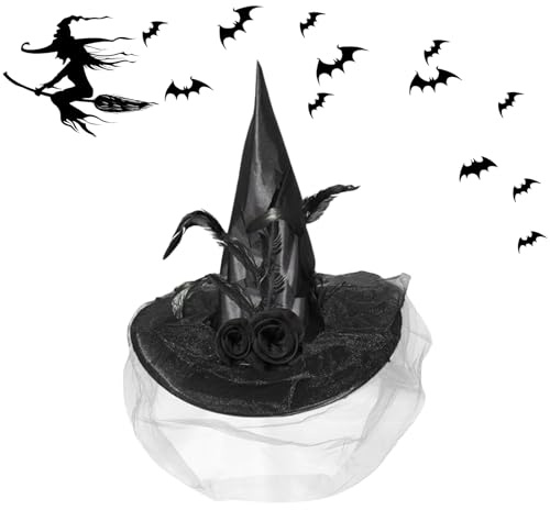 Halloween Chapeau Sorcière, Chapeaux Pointus, avec Voile, Accessoire pour votre costume de sorcière, pour Halloween, fête, carnaval, mascarade, cosplay