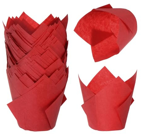 QUARKZMAN 50 Stück Tulpen Backförmchen Cupcake Muffin-Förmchen aus fettdichtem Papier für Hochzeit Geburtstagsfeiern Festivals Weihnachten, Rot