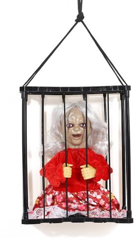 TRIXES Schaurige Halloween-Puppe im Käfig – Unheimliche Spukhaus-Requisite mit markerschütterndem Schrei – Kreatur aus dem Albtraum