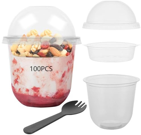FWEEK 100 stycken plast dessertglas 360 ml, rund med lock och skedar, återanvändbara för fest och bröllop dessertkoppar