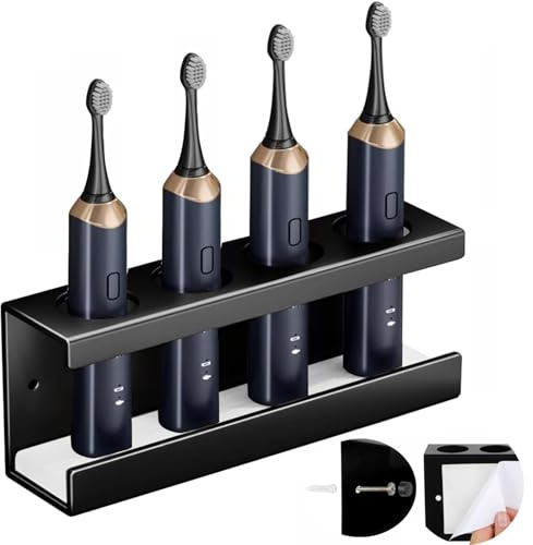 Electric Toothbrush Holder,4 Compartments with Diatomite Dish,Stick/Drill | Detachable Toothbrush Caddy,Self-Adhesive or perforate Universal,toothbrush holders,bathroom accessory(Black)
