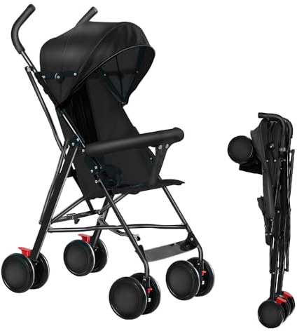 Supfine Kinderwagen, Liegebuggy, Sportwagen, Drehbare Vorderräder, Verstellbarer Baldachin, Zusammenklappbar, mit Matte und Moskitonetz, bis 15kg (Schwarz)