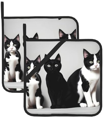BROLEO Set di 2 presine da 20,3 x 20,3 cm, resistenti al calore e durevoli, accessori da cucina con tessuto impermeabile, immagine di gatti bianchi e neri