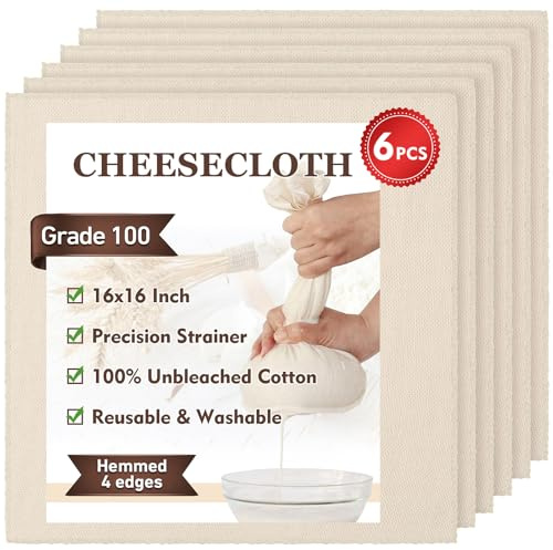 TOPULORS 6 PCS Cheesecloth, Precut 41x41cm, Hemmed 4 Edges, Grade 100 Ultra Fine 100% Unbleached Cotton - Reusable Cheese Making, Cooking, Straining Cloths for Nut Milk, Yogurt, Juicing, Filter, Etc