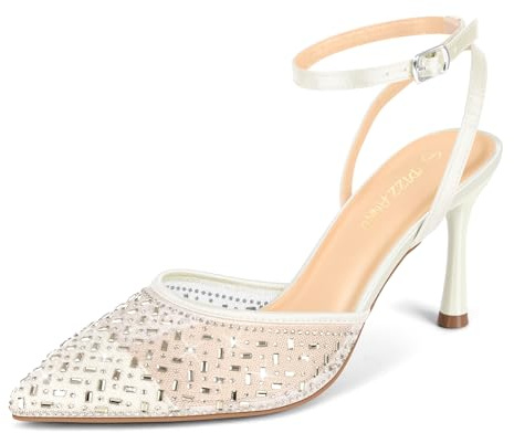 PIZZ ANNU High Heels for Women Diamante Stiletto Heel Sexy Ladies Sandals Pointed Toe Ankle Strap Wedding Shoes for Bride Prom Party White Size 7