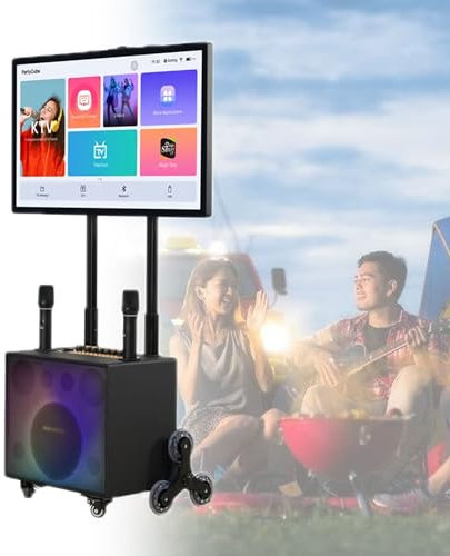 IYUESQ Karaoke portátil con Bluetooth, Sistema de Karaoke con Pantalla táctil de 32 y 2 micrófonos inalámbricos, luz LED de Color, máquina de Karaoke Profesional Plegable para Acampar, f
