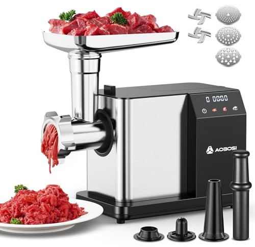 AAOBOSI Electric Meat Grinder [3000W MAX], Meat Mincer with LCD Display & Reverse Function, Sausage Maker with 3 Different Cutting Plates & Kibbe Attachment for Home Use