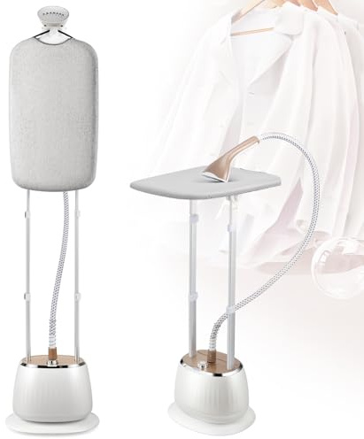 CGOLDENWALL 3-in-1 Standing Garment Steamer for Clothes, with Flat & Hanging & Diagonal Iron Options, 10-Level Steam, Includes Garment Hanger, Ironing Board, and Gloves