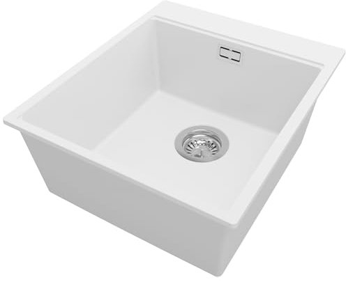 PRIMAGRAN Lavello da Cucina Bianco 43x50cm, Lavandino in Granito a 1 vasca + Sifone Classico, Lavabo Incasso al mobile 45cm - Oslo