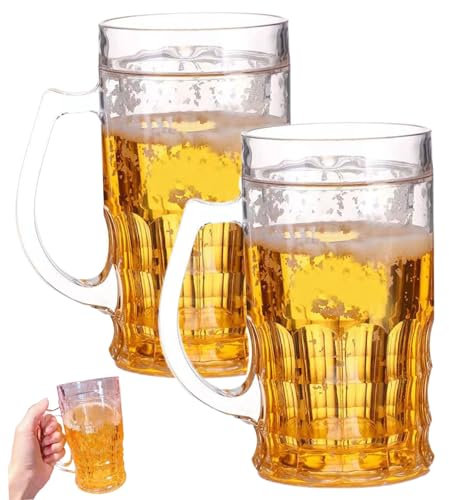 Beer Mugs for Freezer 2Pcs 400ml Double Walled Plastic Beer Mugs with Handle Cold Retention Reusable Freezer for Summer Party