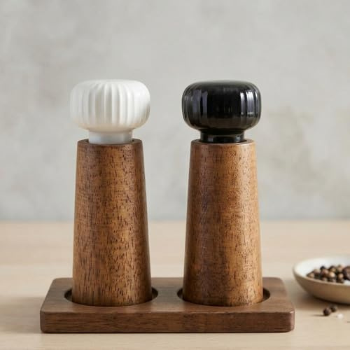 MAITTON Molinillo de Sal y Pimienta de Madera y Cerámica | Pimentero Molino de Especias con Amoladora Ajustable, 17,5cm (Con Soporte)