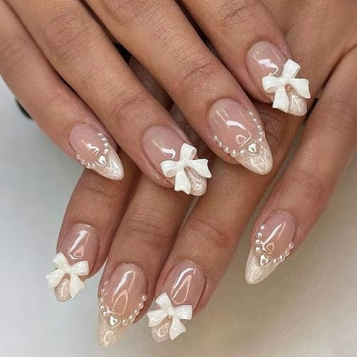 Viugex 24 st Press on Nails Medium Mandel, Nude Pink French Självhäftande Lösnaglar, Gel Full Cover Akryl Falska Näglar med 3D Slips Pärl Design, Konstgjorda Fingernaglar att Klistra Fast för Kvinnor