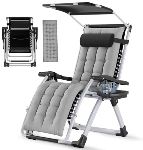 Soontrans Sonnenliege Klappbar mit Dach, Gartenliege Wetterfest, Liegestuhl Garten mit Ergonomisches Polster Nackenkissen Getränkehalter Seitentasche, Strandliege Verstellbare Rückenlehne (hellgrau)