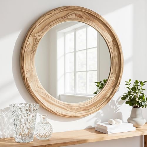 sawsile Natural Wood Mirror 24 Decorative Rustic Large Circle Round Farmhouse Mirror for Living Room, Fireplace,Hallway,Farmhouse | Wooden Rustic Decorative Large Mirror for Nursery,Living Room, Fireplace,Hallway