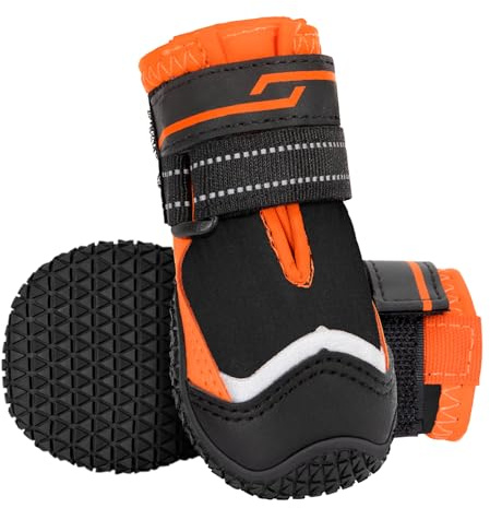 Eyein 2 Stück Hundeschuhe Pfotenschutz, Wasserabweisend & Reflektierend | Rutschfester Sohle und Doppelt Verstellbare Klettverschlüsse für Innen & Outdoor Wanderungen, Kälte/Wärme (Orange, Größe 4)