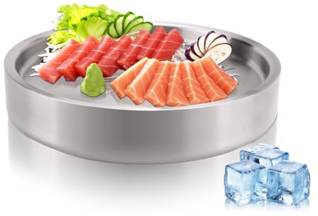 Plateau de service réfrigéré en acier inoxydable 304 de 23,6 cm, pour apéritif et crevettes avec glace en dessous, plateau de fête glacé pour buffet alimentaire (argenté)