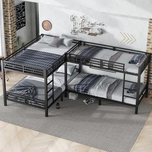 Vepssder Letto a castello 4 posti (2 x 90 x 200 cm e 2 x 140 x 200 cm), letto a soppalco per bambini con scala a tre gradini, telaio letto per bambini in ferro con barriere, senza materasso, nero