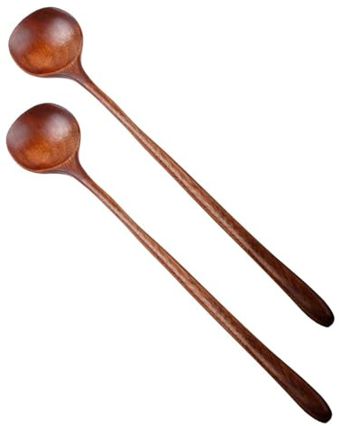 MOLUCKFU Cuchara Sopera de Madera Natural 28 Cm Mango Largo Hecha a Mano, Utensilio Cocina Resistente a Olores para Mezclar y Servir Postres, Sopas y Salsas, Pack 2 Piezas Estilo Coreano