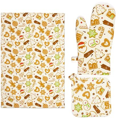 Excelsa Wonderful Ginger Set Cucina Natalizio, Guanto da Forno, Presina e Canovaccio in Cotone con Stampa Pan di Zenzero, Dimensioni 50x70/32x18/20x20 cm