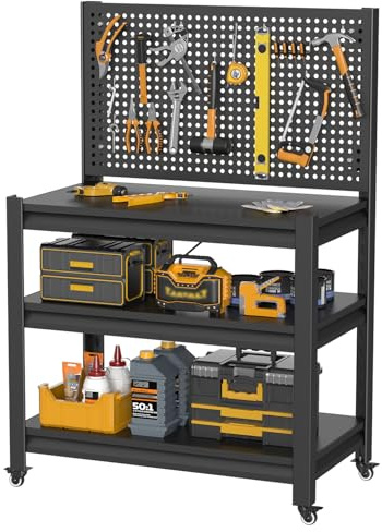 Work Bench with Pegboard,Heavy Duty Workbench with Wheels Adjustable Shelves,Tool Cart,Work Table for Garage Warehouse47.2 H*33.46 W*18 D