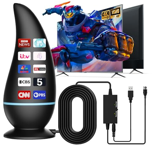 Indoor TV Aerial for Smart & Old TVs, Long Range Reception,Magnetic Base,Digital Antenna with Signal Booster, Portable Design for 4K/1080P HD Channels, Easy Installation & Freeview Support