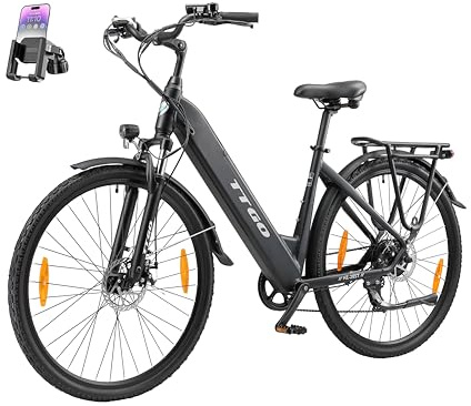 ttgo 28 Zoll E Bike, Elektrofahrrad mit 250W Heckmotor 36V 20 Ah Herausnehmbarem Akku 25 km/h 7 Gang Scheibenbremsen Reichweite 90–110 km, City E Bike für den Stadtverkehr, HZ-28ST (Tiefes Schwarz)