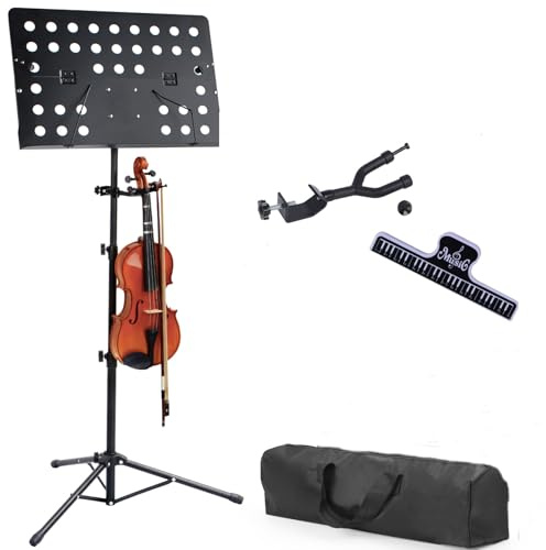 NEWFUN Notenständer Klappbar Stabil, Botenständer Klappbar, Notenständer für Kinder und Erwachsene, Profis, mit Gitarrenhaken, Aufbewahrungstasche (Schwarz)