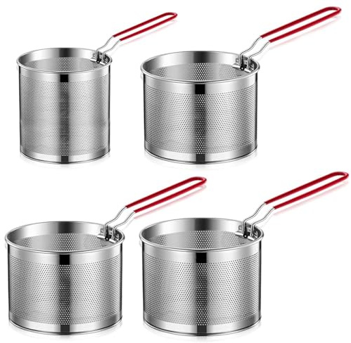 4 Pcs Pasta Strainer, Stainless Steel Noodle Sieve with Removable Handle, Chip Serving Frying Basket, Colander Strainer Sieve for Cooking French Fries, Vegetable, Rice, Fruit & Food (12/14/16/18cm)