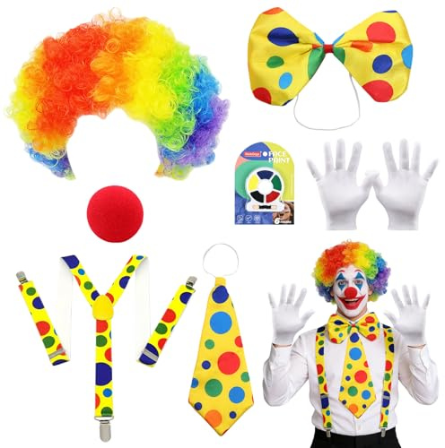 Clown Kostüm Erwachsene,7PCS Zirkus Clownkostüm,mit Perücke,Nase,Bunte Fliege,Krawatte,Handschuhen,Hosenträger,Gesichtsfarbe,Clown Kostümzubehör,Karneval Kostüm für Karneval Zirkusshow Cosplay