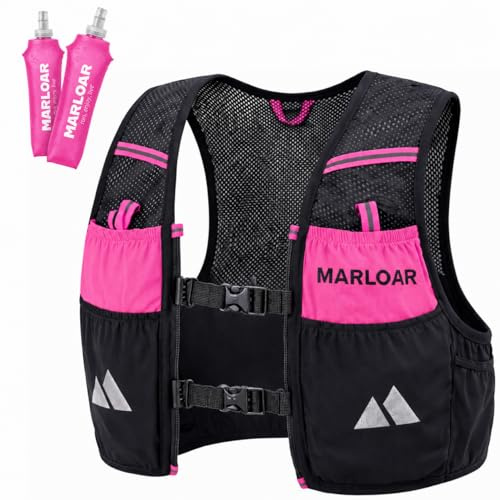 MARLOAR Gilet hydratation - Sac hydratation Running, 2 flasques Souples 500ml incluses, léger et Respirant, Trail et Course à Pied (Noir ET Rose, M)
