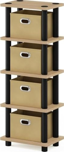 Furinno Regalsystem mit 4 Einschüben, holz, Eiche/Schwarz/Hellbraun, 19.56 x 28.7 x 73.15 cm | Schmales Bücherregal mit offenem Rahmen, mit Aufbewahrungsbehältern, für Organisation, für Wohnzimmer, Garage, Heimbüro