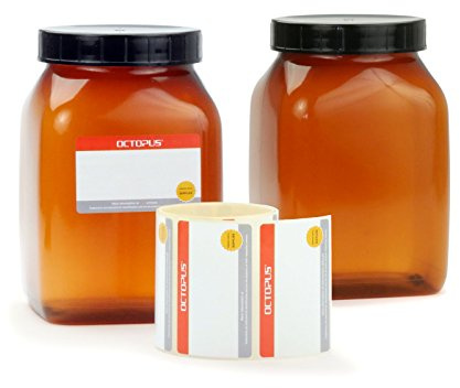 Octopus 2x 1000 ml Plastik-Becher mit Deckel, Plastikdose, Weithals-becher, Gewürzdose mit großer Öffnung und Schraubverschluss mit Beschriftungsetiketten