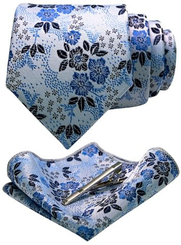 JEMYGINS Cravates et mouchoirs de poche à fleurs pour homme disponibles avec pince à cravate, blanc/bleu, M