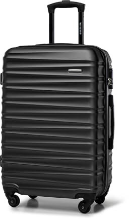 WITTCHEN Reisekoffer Rollkoffer Trolley Mittlerer Koffer Reisekoffer Hartschale aus ABS Mittelgroßkoffer mit 4 Spinner-Rollen Zahlenschloss Groove Line Größe M schwarz Lufthansa/Eurowings/Ryanair