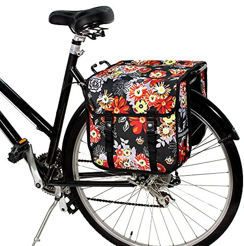 BikyBag Classic CE - Doppel-Fahrradtasche, Gepäckträgertasche 2×13L, wasserabweisend, mit Reflektoren (Rote Wiese)