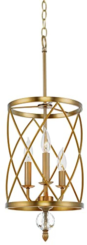 Kira Home Eleanor 26.5 Traditional 3-Light Chandelier, Cylinder Foyer Pendant Light, Adjustable Height, Warm Brass Finish