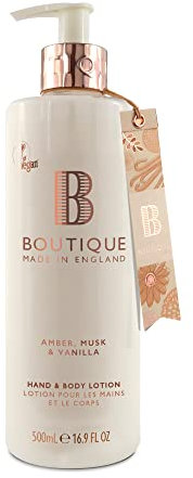 Boutique Lotion pour les mains et le corps Parfum ambre, musc et vanille 500 ml – Hydratant corporel végétalien aux huiles essentielles, fabriqué en Angleterre – Soins rafraîchissants pour les mains