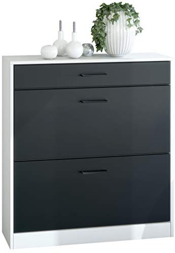 Vladon Schuhschrank Schuhkipper Elvas 89 x 95,5 x 27 cm, Made in Germany, Korpus in Weiß matt, Front in Schwarz matt | Große Farbauswahl