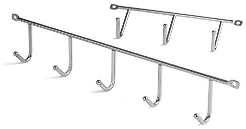 LouMaxx Hakenleiste Chrom 2er Set, Stahl verchromt, 5 und 3 Haken | Garderobenhakenleiste für Küche, Bad, Flur und Garage - Kleiderhaken zum Schrauben, Dübel im Set, robust